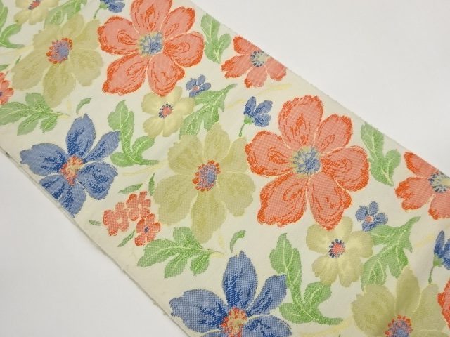 Nagoya obi, hand-woven SILK pongee with woven floral-leaf pattern